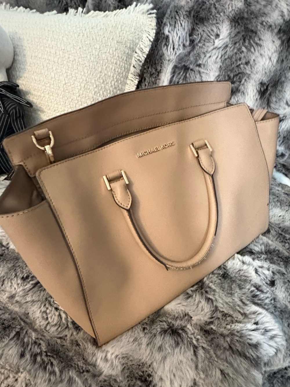 Michael Kors Beige Saffiano Leather Tote with Gold Hardware